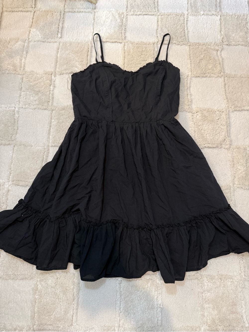 Black Spaghetti Strap Cotton Ruffle Hem Mini Dress sweetheart neckline size XL